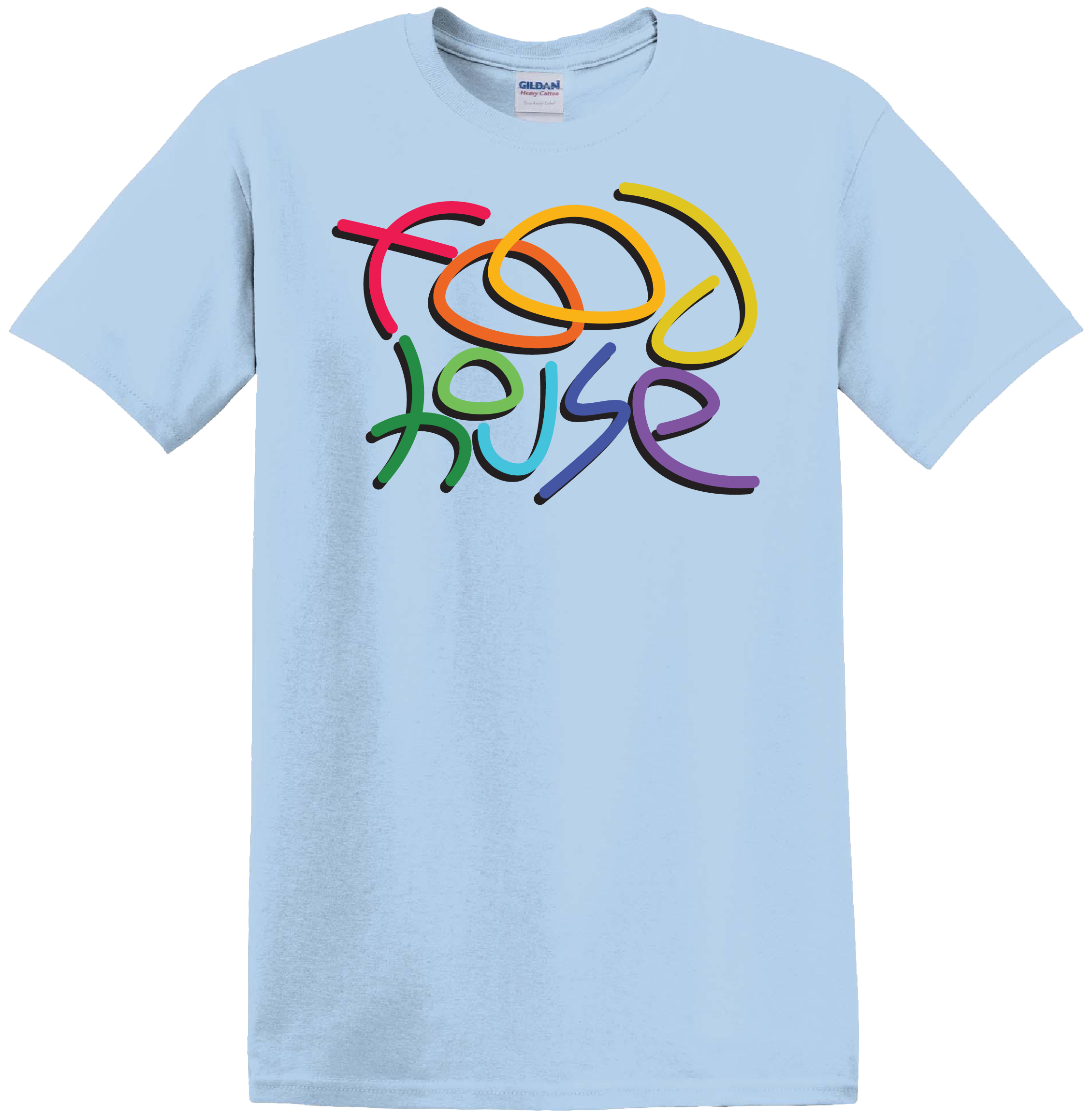 Light blue t-shirt with colorful 'Food House' text design.