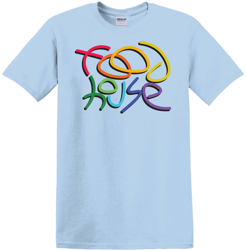 Light blue t-shirt with colorful 'Food House' text design.