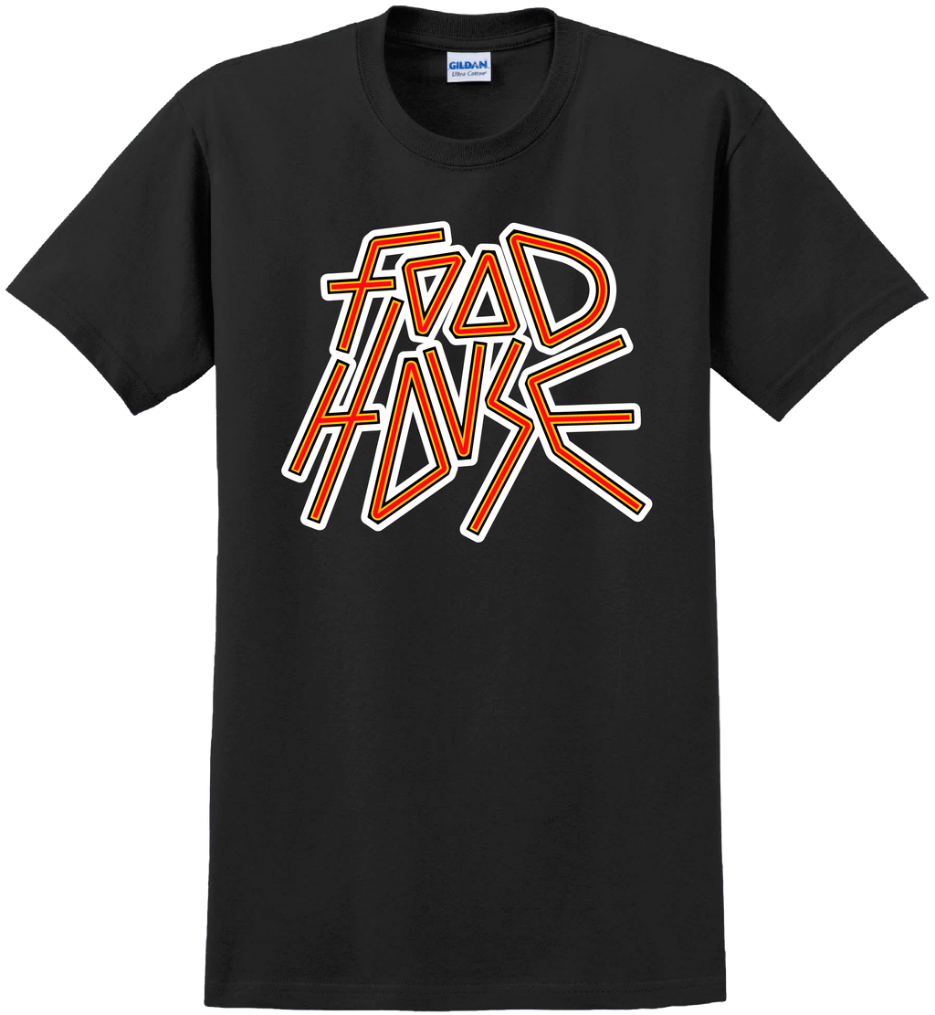 Black t-shirt with 'Food House' graphic design .