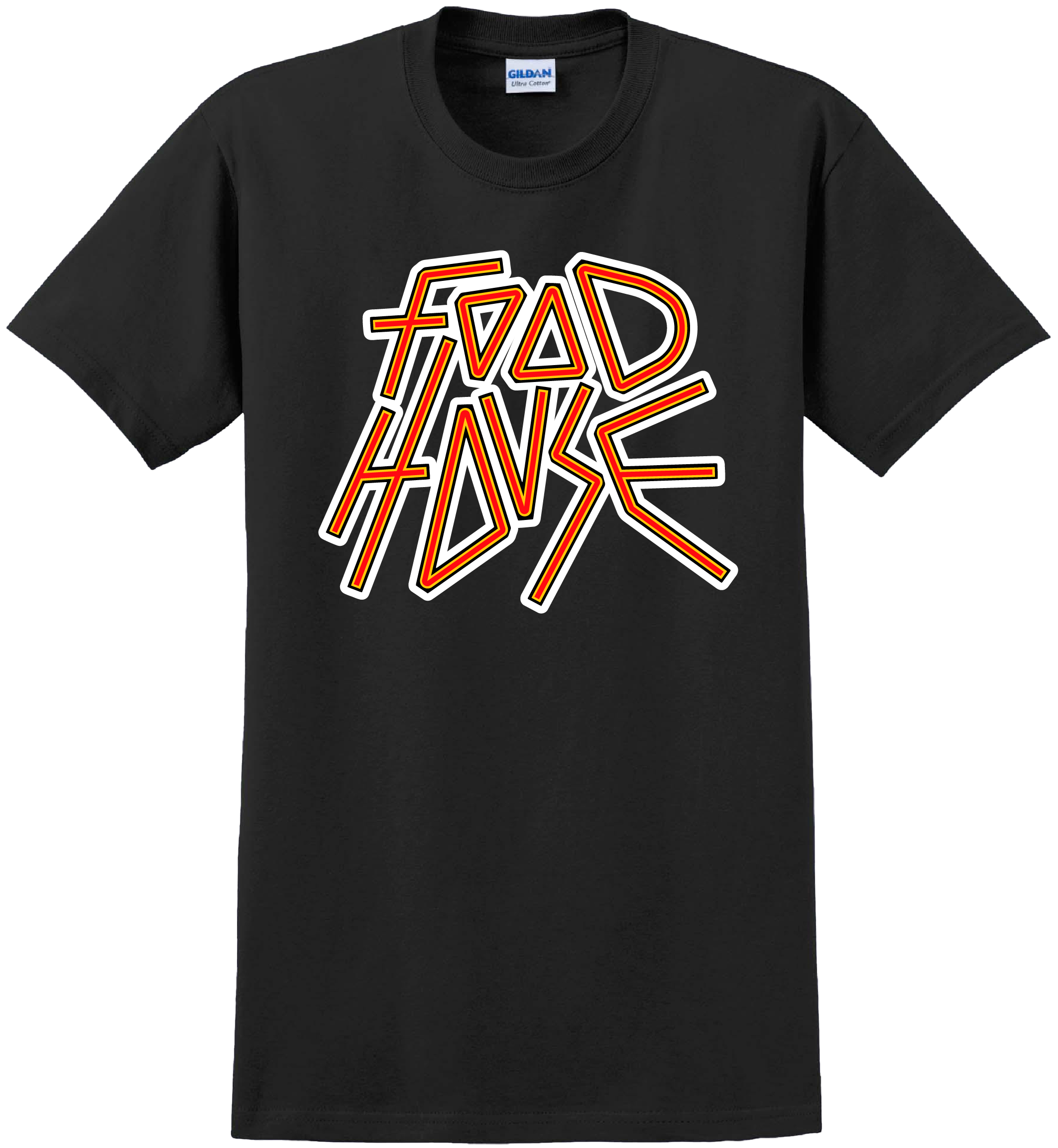 Black t-shirt with 'Food House' graphic design .