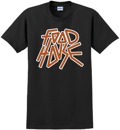 Black t-shirt with 'Food House' graphic design .